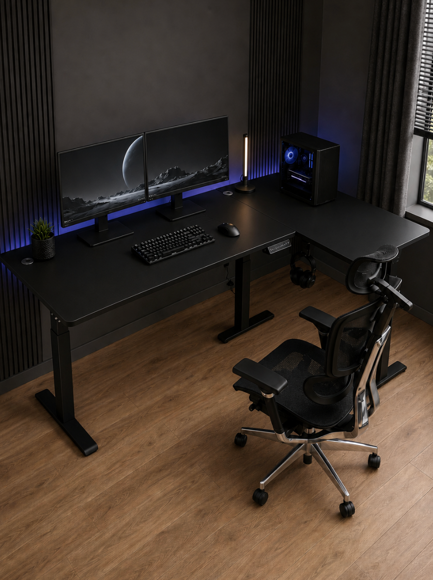 Ergowave Black L-Shape Electric Standing Smart Gaming Desk (1.6m)